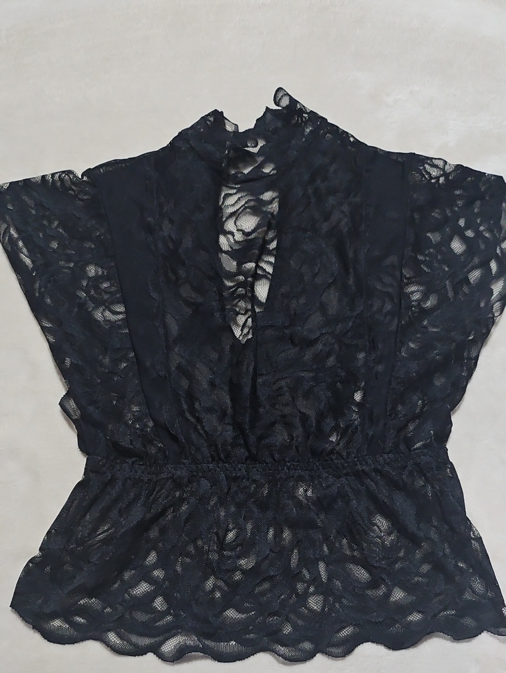 Sheer Black Lace Blouse with Cinched Waist